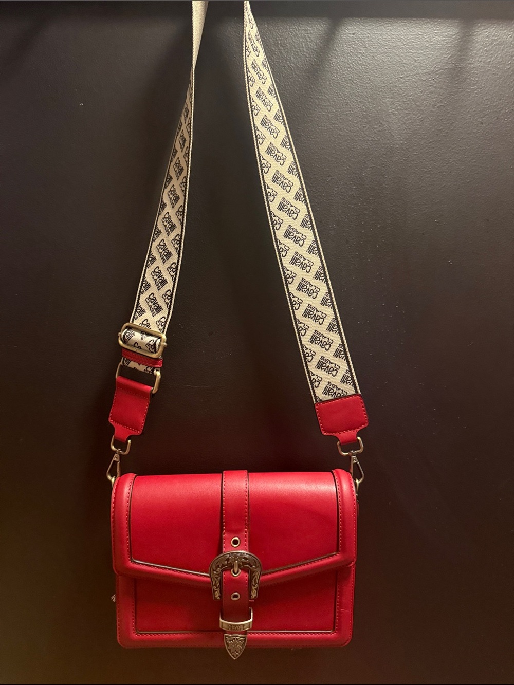CAVALLI Class Cherry Red Leather Crossbody Bag Printed Strap and Western Buckle